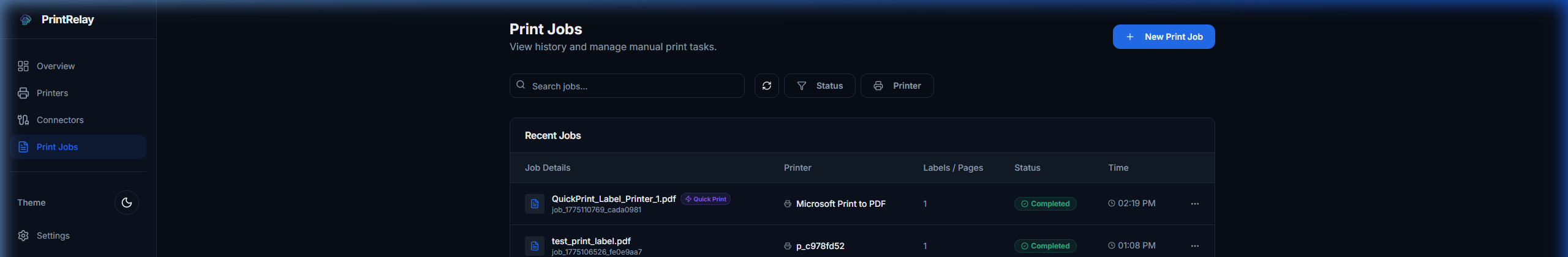PrintRelay Print Jobs Dashboard